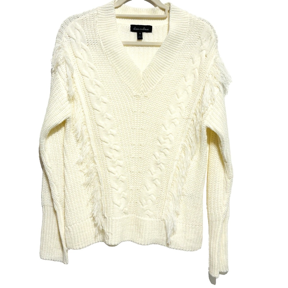 Alison Andrews Cable Knit Fringe Sweater Sz S Ivory Western Prairie Cabincore